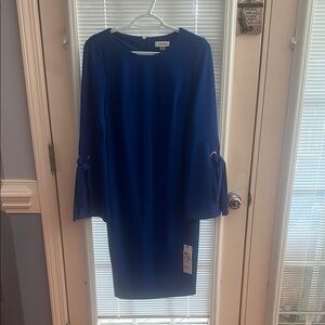 Calvin Klein Blue Sheath Dress with Long Bell Sleeves